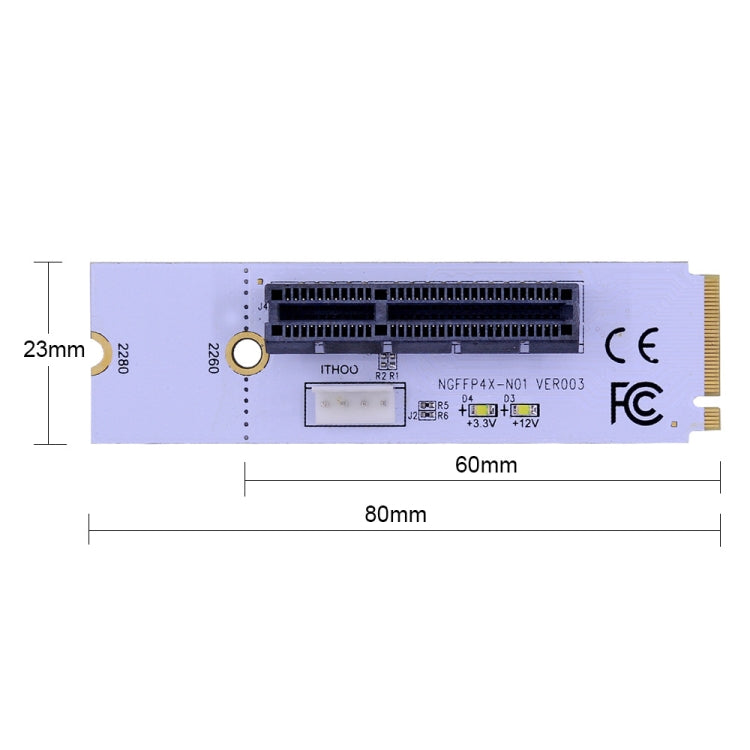 NGFF M.2 Key M 轉 PCI-E 1X / 4X / 8X / 16X 顯示卡挖礦擴充槽轉接卡，附 LED 與 4 針電源線，VER003 含 4 針電源線