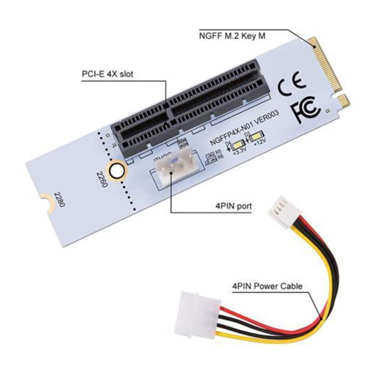 NGFF M.2 Key M 轉 PCI-E 1X / 4X / 8X / 16X 顯示卡挖礦擴充槽轉接卡，附 LED 與 4 針電源線，VER003 含 4 針電源線