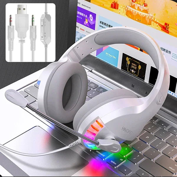 YINDIAO Q2 頭戴式有線遊戲耳機，帶麥克風，版本：雙3.5mm + USB，Q2 雙3.5mm + USB（白色）