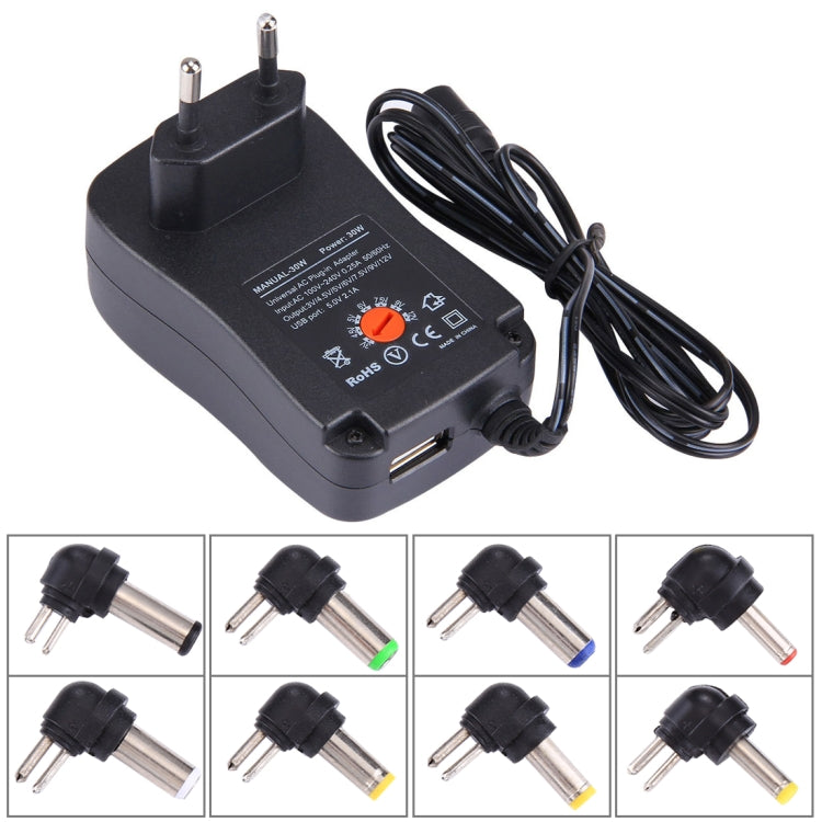 歐規插頭通用30W電源牆插適配器，帶5V 2.1A USB接口，數量：6個，線長約1.2米，歐規插頭
