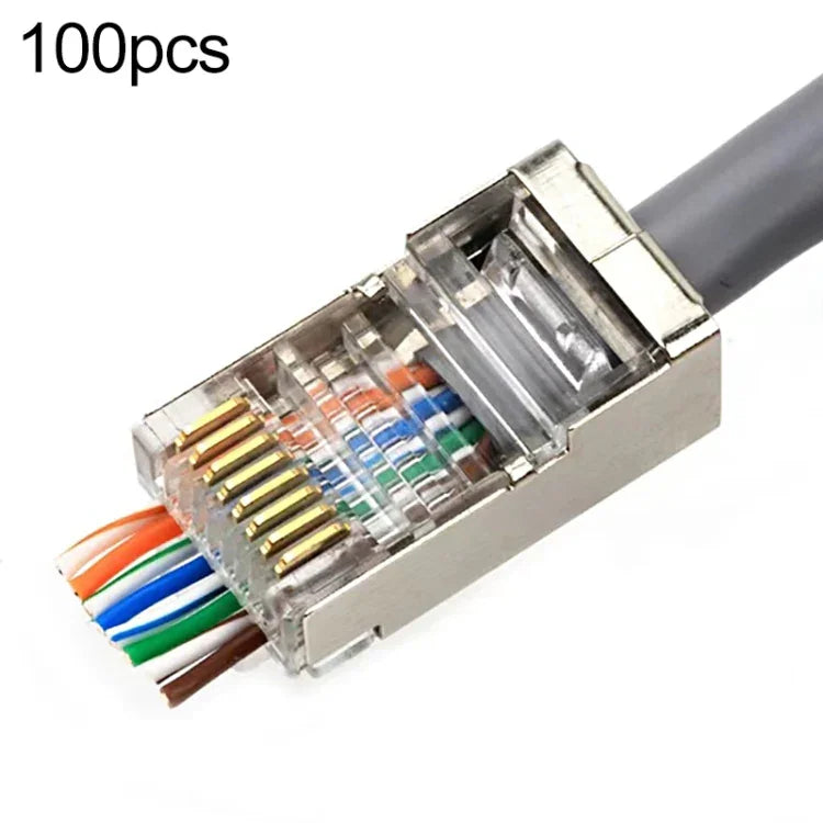 100個 Cat5e 屏蔽直通 RJ45 連接器模組插頭，Cat5e 屏蔽直通
