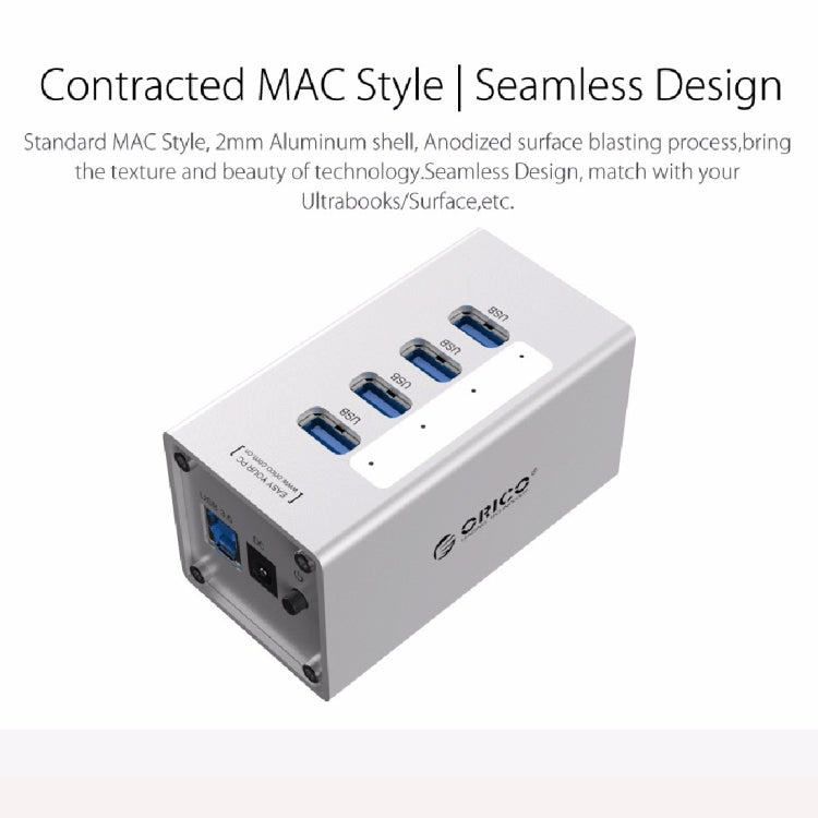 ORICO A3H4 鋁合金高速4埠USB 3.0 HUB，附12V/2.5A電源供應器，適用筆電，4埠（銀色）