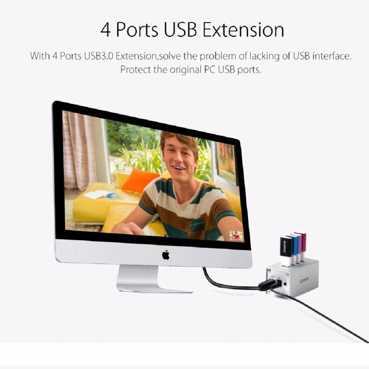 ORICO A3H4 鋁合金高速4埠USB 3.0 HUB，附12V/2.5A電源供應器，適用筆電，4埠（銀色）