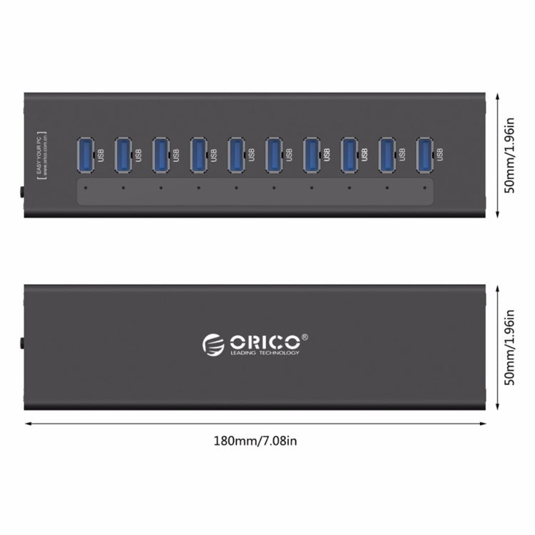 ORICO A3H10 鋁合金高速 10 埠 USB 3.0 集線器，附電源適配器，適用於筆記型電腦，10 埠（銀色）、10 埠（黑色）