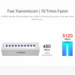 ORICO A3H10 鋁合金高速 10 埠 USB 3.0 集線器，附電源適配器，適用於筆記型電腦，10 埠（銀色）、10 埠（黑色）