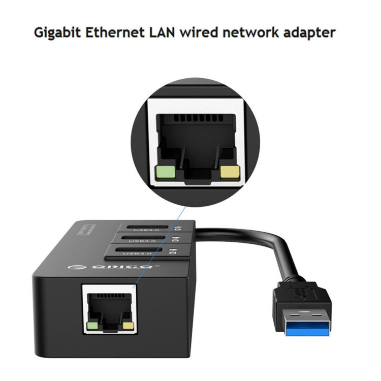 ORICO HR01-U3 ABS 材質 3 埠 USB3.0 集線器分接器，附外接 RJ45 千兆乙太網路卡，5 Gbps，適用於筆記型電腦／桌上型電腦／超薄筆電等