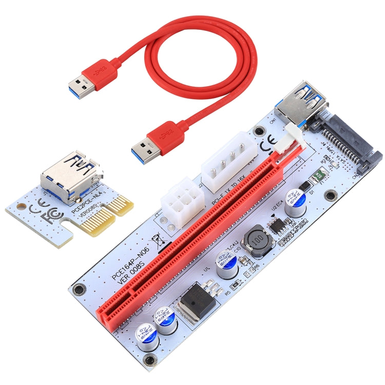 PCE164P-N06 VER008S USB 3.0 PCI-E Express 1x 轉 16x PCI-E 延長升降卡轉接器，15針 SATA 電源 6針 + 4針 電源供應埠，附60公分 USB 線，VER008S 紅色
