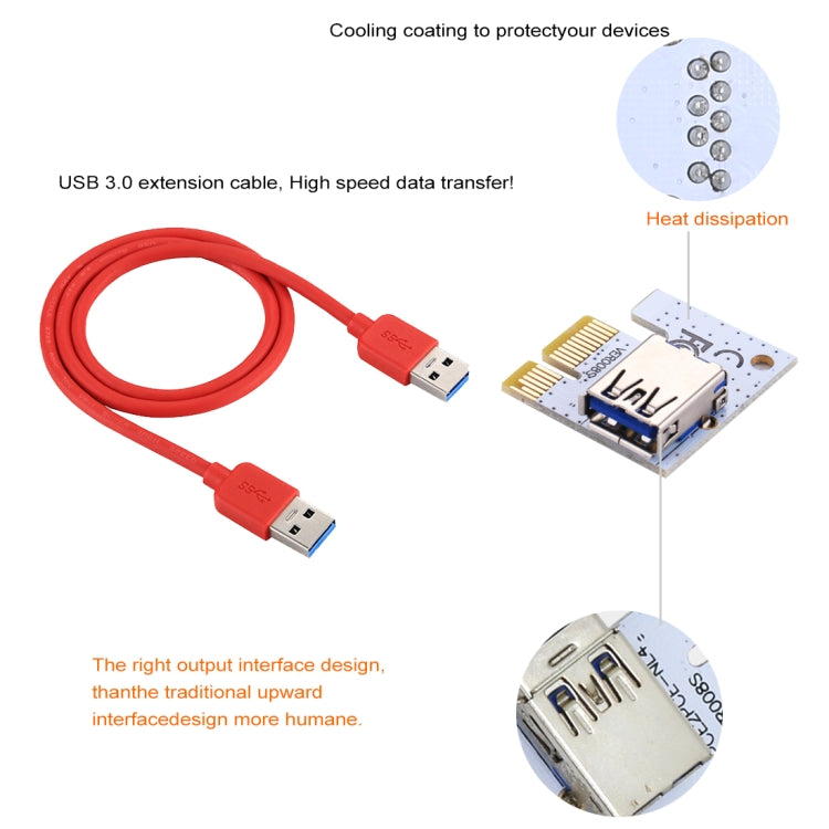PCE164P-N06 VER008S USB 3.0 PCI-E Express 1x 轉 16x PCI-E 延長升降卡轉接器，15針 SATA 電源 6針 + 4針 電源供應埠，附60公分 USB 線，VER008S 紅色
