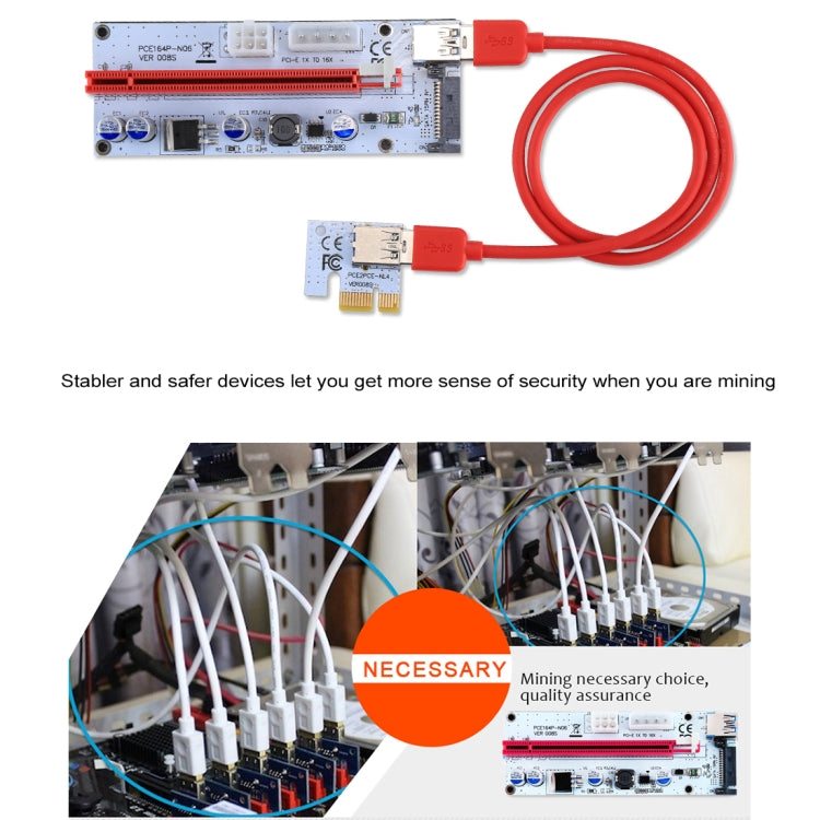 PCE164P-N06 VER008S USB 3.0 PCI-E Express 1x 轉 16x PCI-E 延長升降卡轉接器，15針 SATA 電源 6針 + 4針 電源供應埠，附60公分 USB 線，VER008S 紅色
