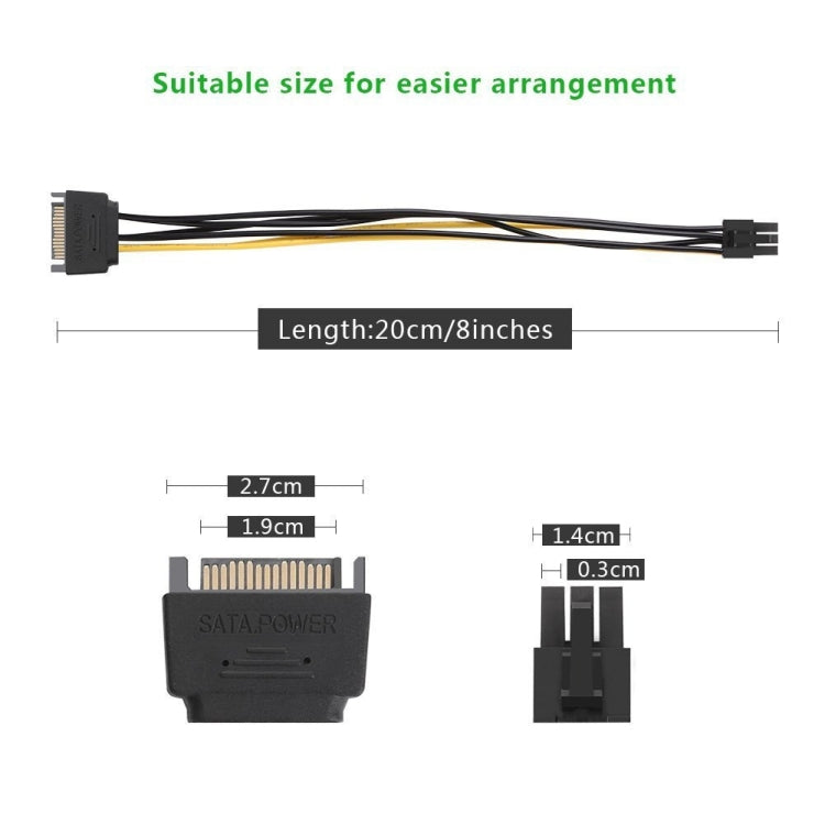 20 公分 SATA 15 針轉 6 針 PCI Express 顯示卡 SATA 電源線，SATA 15 針轉 6 針母頭