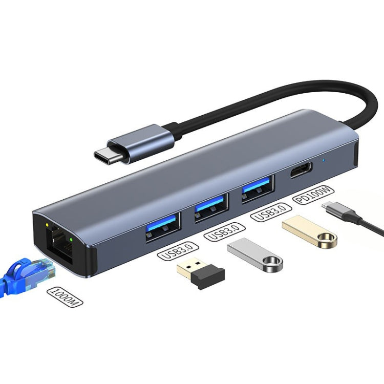 BYL-2302 5 合 1 USB-C / Type-C 轉 USB 多功能擴充基座集線器轉接器，帶 1000M 網路埠，BYL-2302