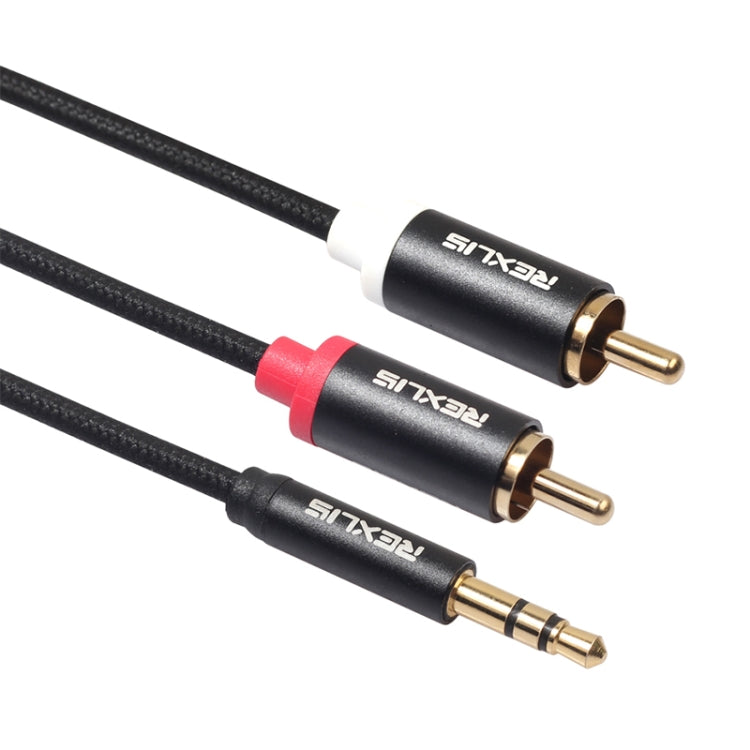 REXLIS 3635 3.5mm 公頭轉雙 RCA 鍍金插頭黑色棉編織音頻線，適用 RCA 輸入介面主動式喇叭，長度：1.8m