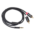 REXLIS 3635 3.5mm 公頭轉雙 RCA 鍍金插頭黑色棉編織音頻線，適用 RCA 輸入介面主動式喇叭，長度：1.8m