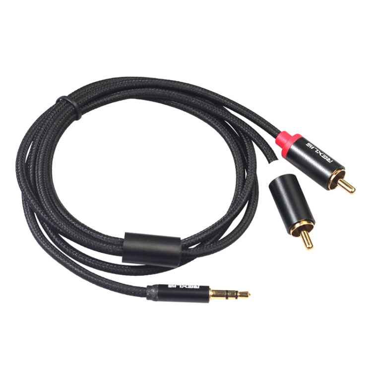 REXLIS 3635 3.5mm 公頭轉雙 RCA 鍍金插頭黑色棉編織音頻線，適用 RCA 輸入介面主動式喇叭，長度：1.8m