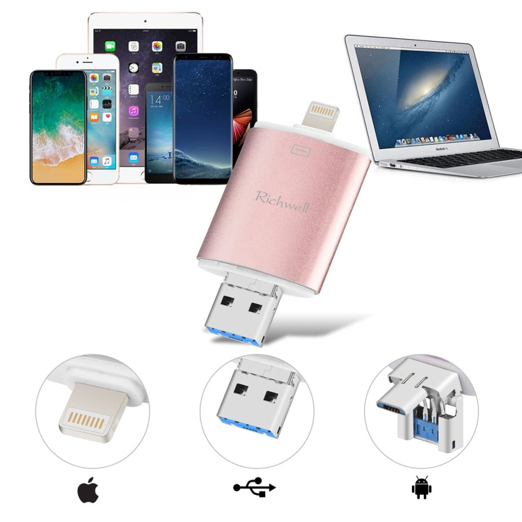 Richwell 3 合 1 64G Type-C + 8 Pin + USB 3.0 金屬雙蓋推拉式隨身碟，具 OTG 功能