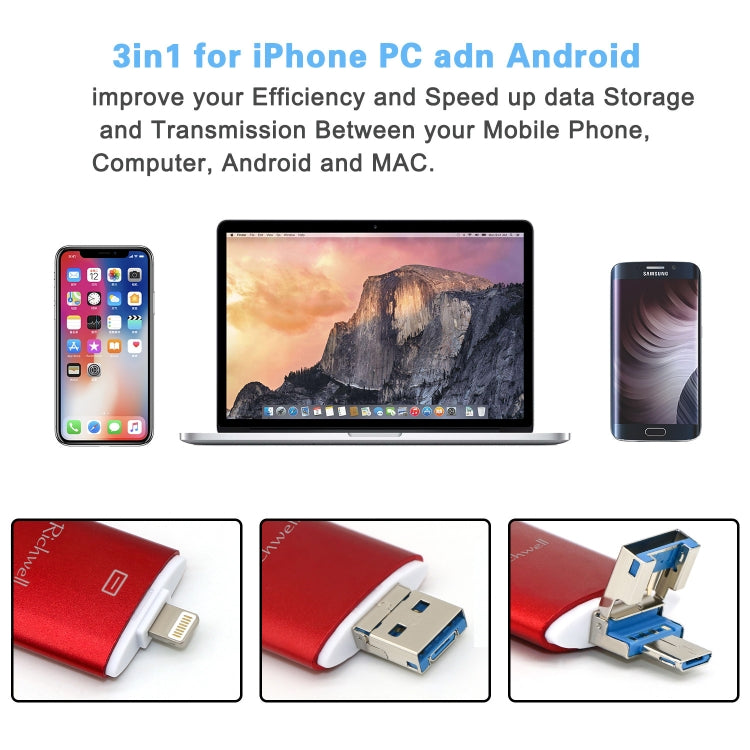 Richwell 3 合 1 64G Type-C + 8 Pin + USB 3.0 金屬雙蓋推拉式隨身碟，具 OTG 功能