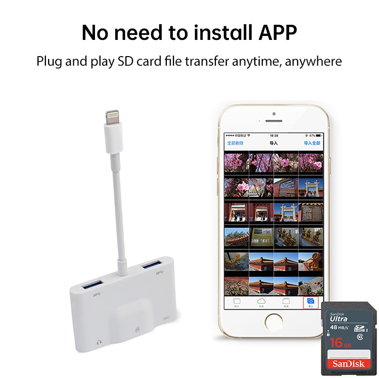 NK-1042 6合1 8 Pin公轉雙USB + 雙SD卡 + 3.5mm音頻接口 + 8 Pin充電接口母座相機轉接器