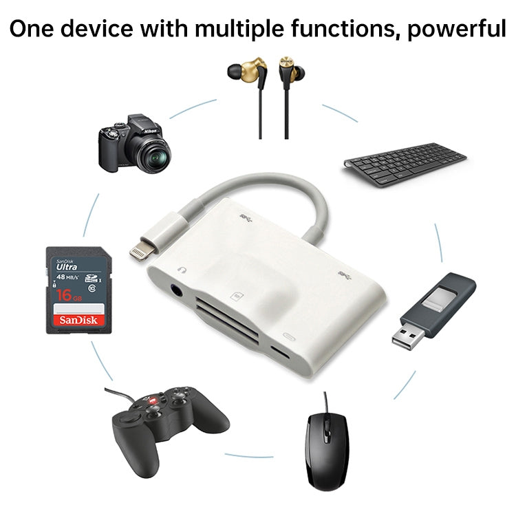 NK-1042 6合1 8 Pin公轉雙USB + 雙SD卡 + 3.5mm音頻接口 + 8 Pin充電接口母座相機轉接器