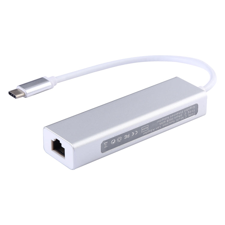 鋁合金外殼3埠USB3.0集線器+USB-C / Type-C千兆乙太網路轉接器，USB Type-C 1000Mbps