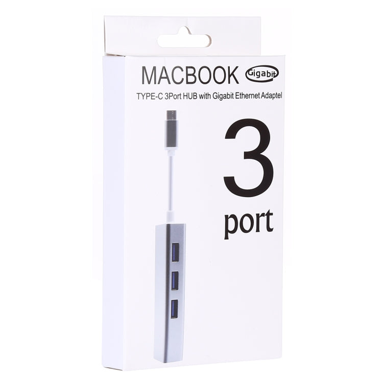 鋁合金外殼3埠USB3.0集線器+USB-C / Type-C千兆乙太網路轉接器，USB Type-C 1000Mbps