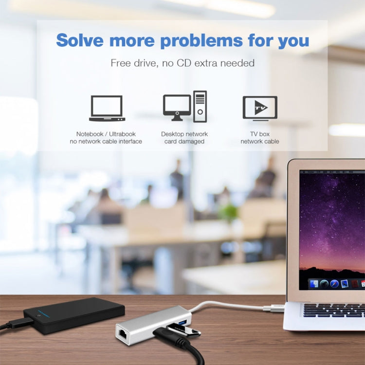 鋁合金外殼3埠USB3.0集線器+USB-C / Type-C千兆乙太網路轉接器，USB Type-C 1000Mbps