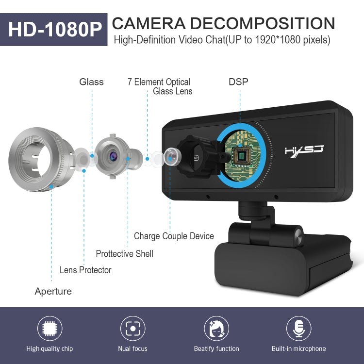 HXSJ S4 1080P 可調式 180 度高清手動對焦視訊網路攝影機，附麥克風