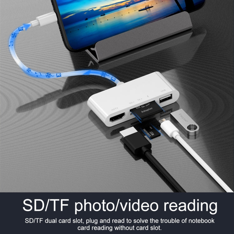 75215 5 合 1 8 針轉 HDMI + SD 卡槽 + TF 卡槽 + USB + 8 針充電埠高清視頻轉換器，75215
