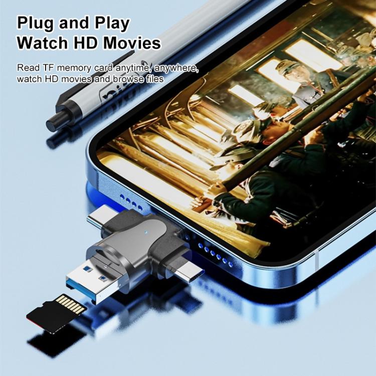 4 合 1 8 針 + USB-C / Type-C + Micro USB + USB 3.0 公頭 TF 卡讀卡器，4 合 1