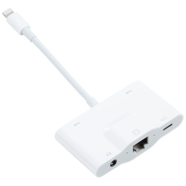 NK-1033 5 合 1 8 針公頭轉雙 USB + 3.5mm AUX + 乙太網路 + 8 針電源母頭轉接器，NK-1033