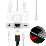 NK-1033 5 合 1 8 針公頭轉雙 USB + 3.5mm AUX + 乙太網路 + 8 針電源母頭轉接器，NK-1033