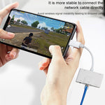 NK-1033 5 合 1 8 針公頭轉雙 USB + 3.5mm AUX + 乙太網路 + 8 針電源母頭轉接器，NK-1033