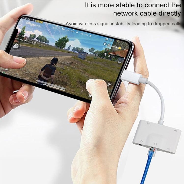 NK-1033 5 合 1 8 針公頭轉雙 USB + 3.5mm AUX + 乙太網路 + 8 針電源母頭轉接器，NK-1033