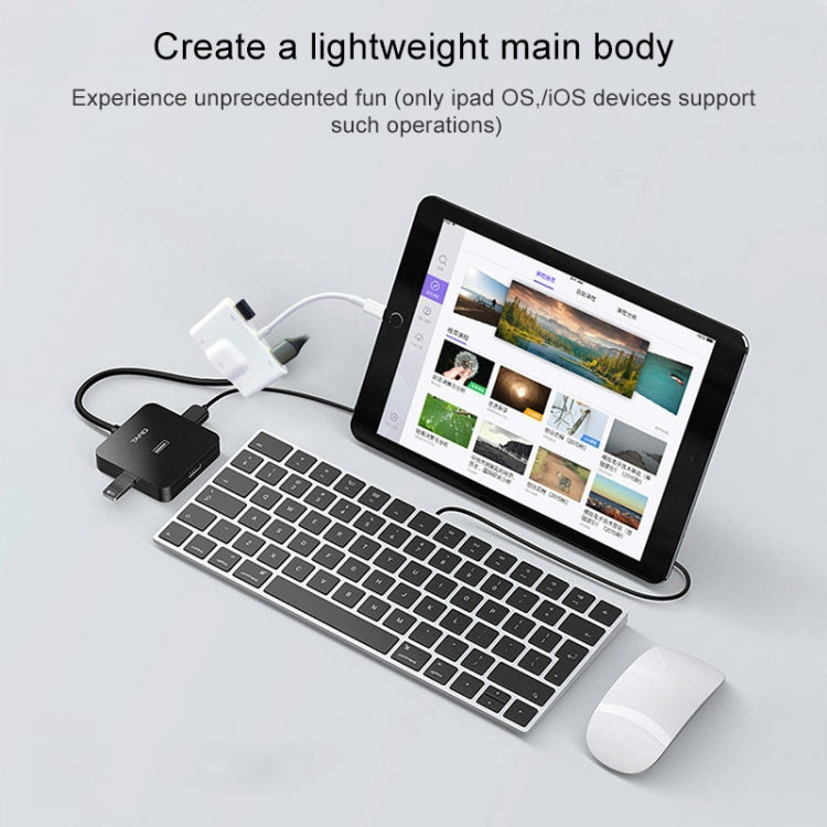 NK-1033 5 合 1 8 針公頭轉雙 USB + 3.5mm AUX + 乙太網路 + 8 針電源母頭轉接器，NK-1033