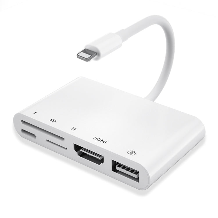 5 合 1 8 針公頭轉 USB + HDMI + TF / SD 卡槽 + 8 針電源母頭 OTG 數位 AV 轉接器，TF / SD 卡槽