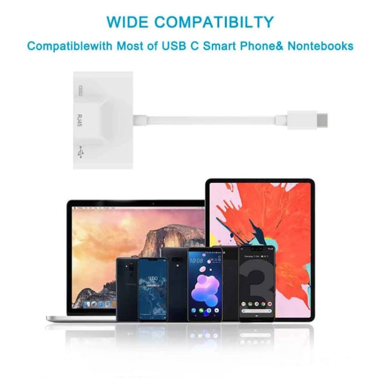3 合 1 USB-C / Type-C 公頭對 USB + 100M RJ45 乙太網路 + Type-C 電源母頭轉接器，3 合 1