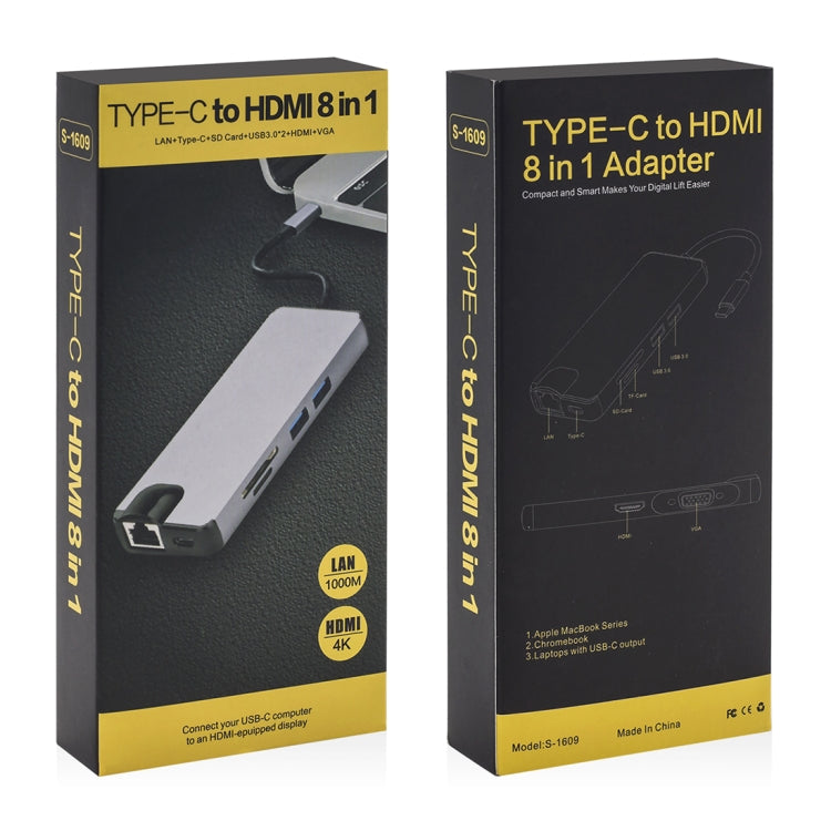 8 合 1 Type-C 轉 HDMI + USB 3.0 + USB 3.0 + Type-C + LAN + VGA + TF/SD 卡讀卡器轉接器