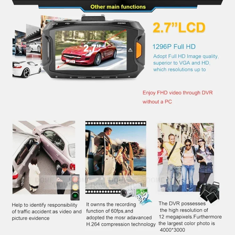 GS90C 車用行車記錄器 2.7 吋 LCD 螢幕 HD 2304 x 1296P 170 度廣角視野，支援動態偵測／TF 卡／G 感測器／HDMI，GS90C