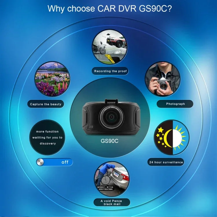GS90C 車用行車記錄器 2.7 吋 LCD 螢幕 HD 2304 x 1296P 170 度廣角視野，支援動態偵測／TF 卡／G 感測器／HDMI，GS90C