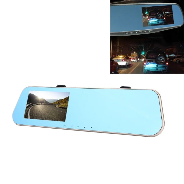 左側螢幕顯示後視鏡車用 DVR，Allwinner 程式，雙鏡頭 1080P 高清 140 度廣角視野，支援 GPS 介面／動態偵測／夜視／TF 卡／G 感測器，後視鏡車用 DVR