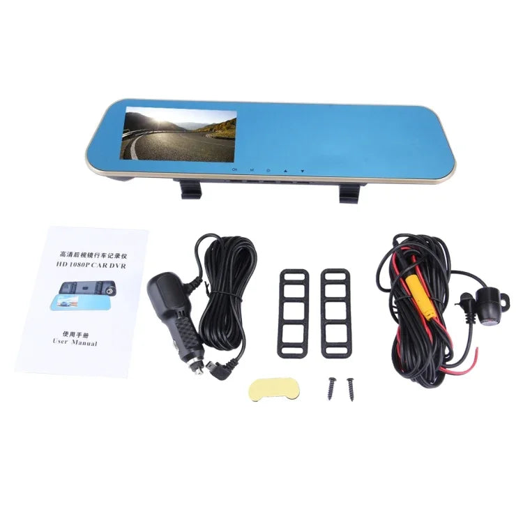 左側螢幕顯示後視鏡車用 DVR，Allwinner 程式，雙鏡頭 1080P 高清 140 度廣角視野，支援 GPS 介面／動態偵測／夜視／TF 卡／G 感測器，後視鏡車用 DVR