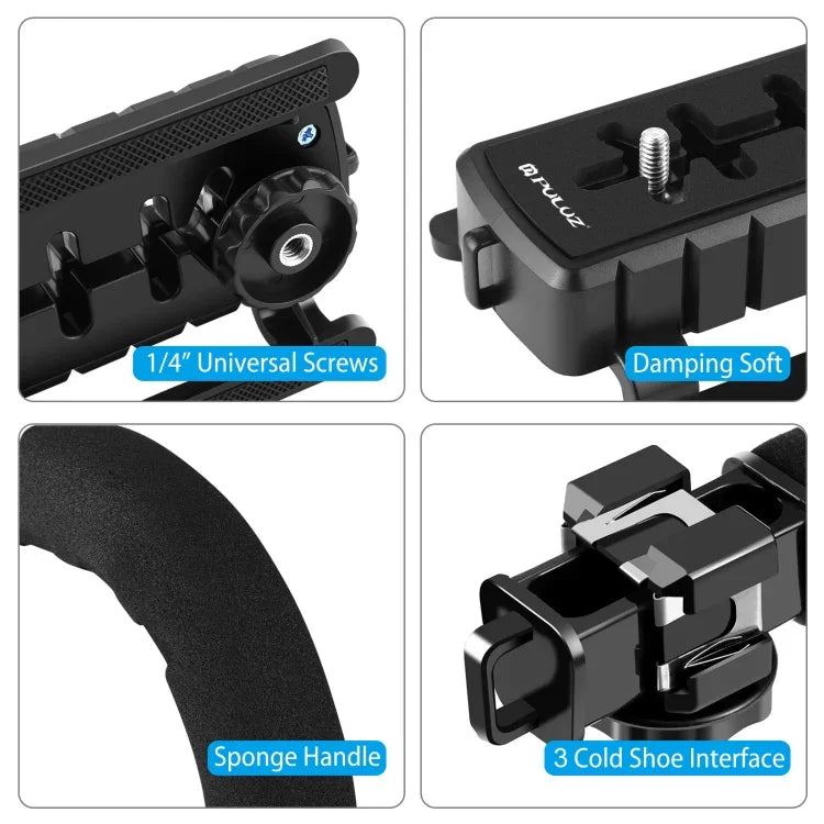 PULUZ U/C型便攜手持DV支架穩定器+冷靴三腳架頭LED攝影燈+指向性麥克風套件，適用所有單眼相機及家用DV相機，支架套件+麥克風+LED