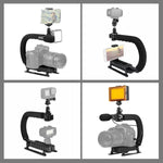 PULUZ U/C型便攜手持DV支架穩定器+冷靴三腳架頭LED攝影燈+指向性麥克風套件，適用所有單眼相機及家用DV相機，支架套件+麥克風+LED