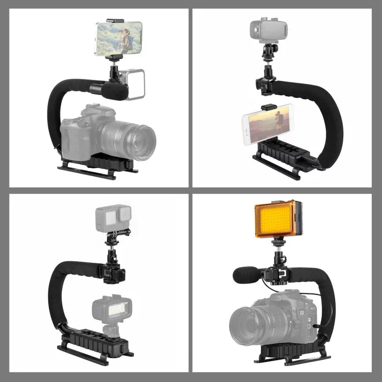 PULUZ U/C型便攜手持DV支架穩定器+冷靴三腳架頭LED攝影燈+指向性麥克風套件，適用所有單眼相機及家用DV相機，支架套件+麥克風+LED