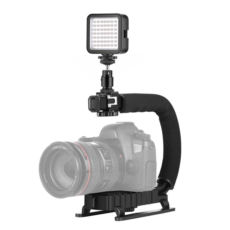 PULUZ U/C型便攜手持DV支架穩定器+冷靴三腳架頭LED補光燈套件，適用所有單眼相機及家用DV相機，C型支架+補光燈