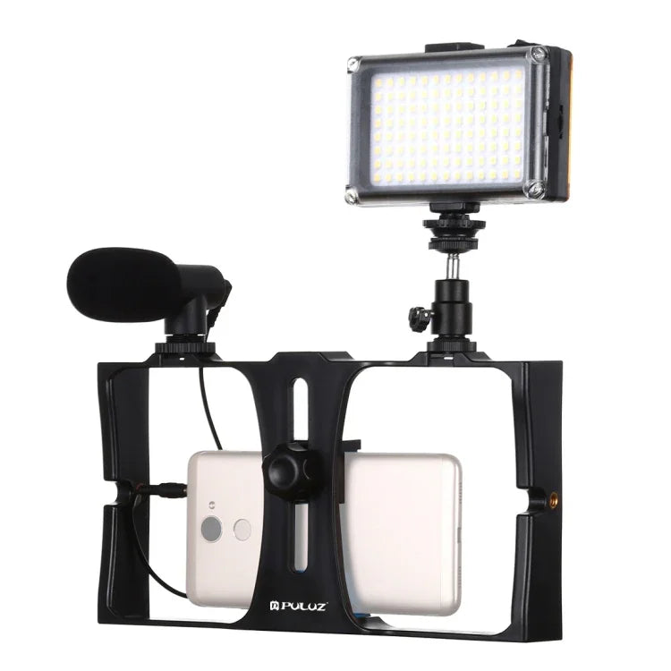 PULUZ 3合1 Vlogging直播LED自拍燈智慧型手機攝影架套件，含麥克風+冷靴三腳架頭，適用iPhone、Galaxy、華為、小米、HTC、LG、Google及其他智慧型手機，3合1，3合1（紅色），3合1（美規）