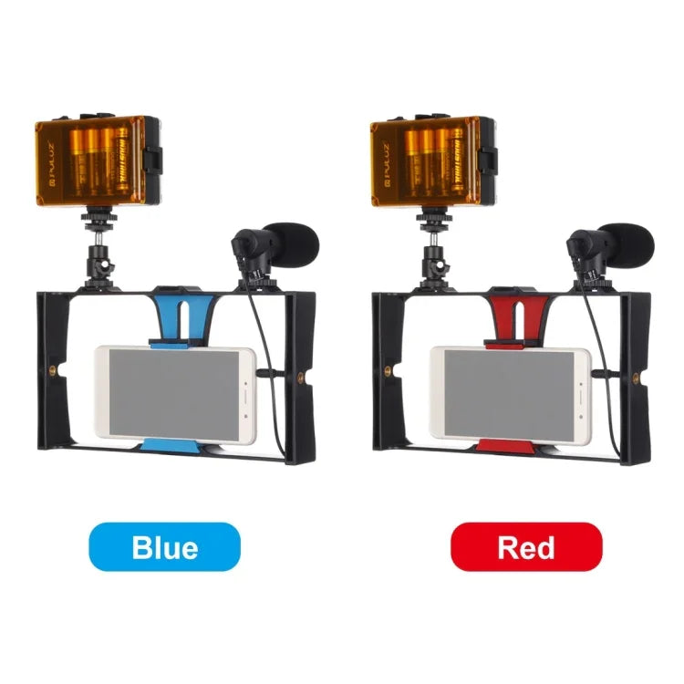 PULUZ 3合1 Vlogging直播LED自拍燈智慧型手機攝影架套件，含麥克風+冷靴三腳架頭，適用iPhone、Galaxy、華為、小米、HTC、LG、Google及其他智慧型手機，3合1，3合1（紅色），3合1（美規）