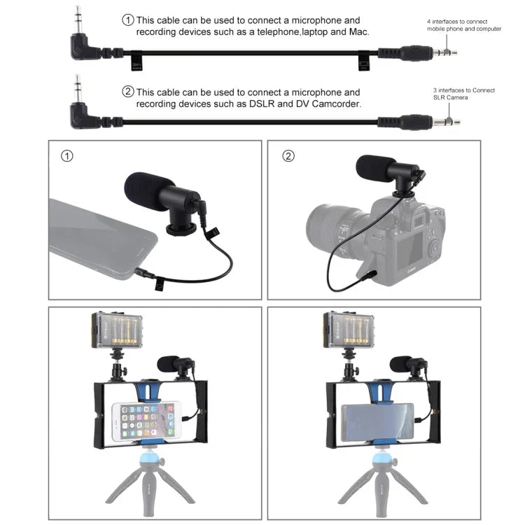 PULUZ 3合1 Vlogging直播LED自拍燈智慧型手機攝影架套件，含麥克風+冷靴三腳架頭，適用iPhone、Galaxy、華為、小米、HTC、LG、Google及其他智慧型手機，3合1，3合1（紅色），3合1（美規）