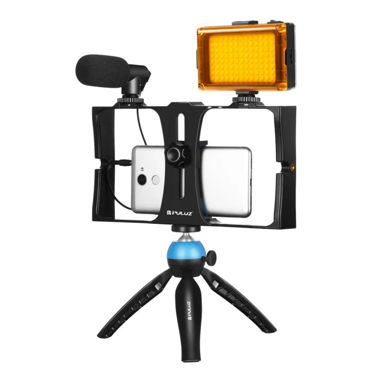 PULUZ 4合1 Vlogging直播LED自拍燈智慧型手機攝影架套件，含麥克風+三腳架支架+冷靴三腳架頭，適用iPhone、Galaxy、華為、小米、HTC、LG、Google及其他智慧型手機，4合1（藍色），4合1，4合1（美規）