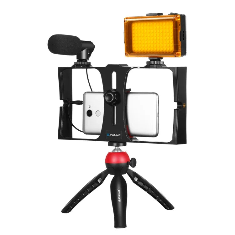 PULUZ 4合1 Vlogging直播LED自拍燈智慧型手機攝影架套件，含麥克風+三腳架支架+冷靴三腳架頭，適用iPhone、Galaxy、華為、小米、HTC、LG、Google及其他智慧型手機，4合1（藍色），4合1，4合1（美規）