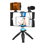 PULUZ 4合1 Vlogging直播LED自拍燈智慧型手機攝影架套件，含麥克風+三腳架支架+冷靴三腳架頭，適用iPhone、Galaxy、華為、小米、HTC、LG、Google及其他智慧型手機，4合1（藍色），4合1，4合1（美規）